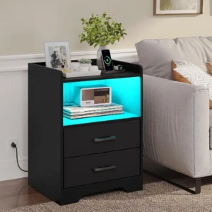 2 Bedside End Tables w/ LED Lights & Charging station